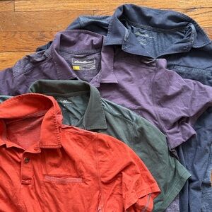 Eddie Bauer Men's Travel set of 4 Polo Shirts - Purple, Navy, Green and Orange.